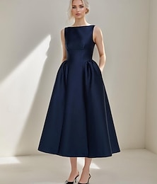 economico -Abiti Cocktail A-Line Abito Elegante Matrimonio Formale Lungo al Tè Senza Maniche Girocollo Satin con Pieghe e Tasche