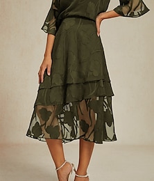 abordables -Mujer Falda Elegante Midi Media cintura Faldas Flores Multi capa Rígido Fiesta Casual Oliva Verano Gasa
