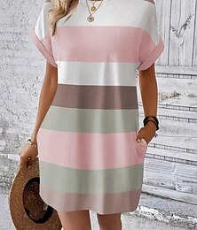economico -Per donna Mini Abito Vestito T-Shirt Abito a Tubino Casual All'aperto Quotidiano Ferie Vestibilità regolare A righe Manica Corta Girocollo Rosa Azzurro cielo Marrone Verde Estate