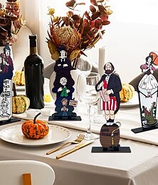 abordables -Paquete de 4 centros de mesa de madera para Halloween, letreros estirables con retratos de casas embrujadas, decoración vintage de madera para Halloween, ideal para exhibir en casa y fiestas.