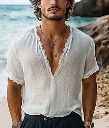 preiswerte -Herren T Shirt T-Shirt Kurzarmshirt Kurzarm V Ausschnitt Sommer Einfarbig Bohemien Vintage Lässig Spitzenbesatz Urlaub Straße Alltagstauglich Weiß Top T-Shirt für Herren