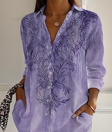 economico -Per donna Camicia Floreale Attivo Quotidiano Elegante Manica Lunga Colletto a Camicia Top Regolari Quotidiano Ferie Bottoni Stampato Viola Primavera Autunno