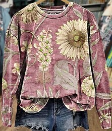 abordables -Mujer Sudadera Floral Graphic Casual Manga Larga Cuello Barco Tops regulares Calle Uso Diario Casual Estampado Rosa Azul Piscina Naranja Primavera Otoño Invierno