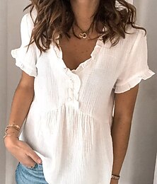 economico -Per donna Camicia Top estivi Tinta unica Casual Spiaggia Manica Corta Scollo a V Top Regolari Beige Estate