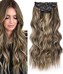 abordables -Extensions de cheveux bouclés à clips, 4 pièces, cheveux longs ondulés, mélange de bruns synthétiques, extensions à clips de 22 pouces pour femmes # brun mélangé &blonde