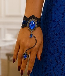 preiswerte -Gothic-Spitzenarmband-Ringset für Damen mit rotem Edelstein, Vintage-Kettenhandschmuck für Halloween-Partys, Cosplay und Outfits im Retro-Stil