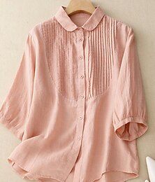 economico -Per donna Camicie di cotone e lino Tinta unica Elegante Essenziale Casual Manica 3/4 Colletto a Camicia Top Regolari Quotidiano Bottoni Bianco Rosa Azzurro Estate