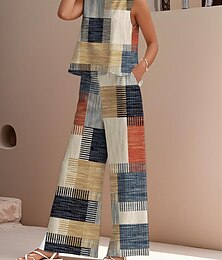economico -Completo due pezzi elegante da donna, stile streetwear, con camicetta, gilet, pantaloni, senza maniche, girocollo, casual, da lavoro, a righe, con stampa, per le vacanze, quotidiano, verde kaki, estivo, vestibilità regolare.