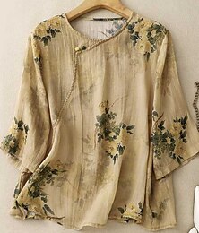 economico -Per donna Camicie di cotone e lino Floreale Casual Manica 3/4 Girocollo Top Regolari Quotidiano Bottoni Stampato Giallo Rosa Verde Estate