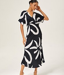abordables -robe trapèze en satin à col en V et manches flottantes