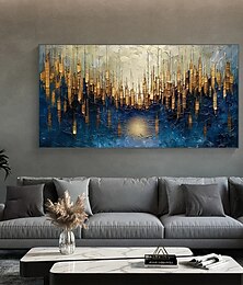 preiswerte -großes originales Ölgemälde in Gold auf Leinwand, abstraktes minimalistisches blau strukturiertes Wandbild, individuelles Gemälde, Boho Wanddekoration, Wohnzimmer Wanddekoration