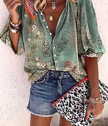 economico -Per donna Top estivi Floreale Grafico Bohemien Vintage Quotidiano Manica 3/4 Scollo a V Top Regolari Quotidiano Ferie Abbigliamento mare Stampato Verde chiaro Rosa Rosa Estate Primavera Autunno