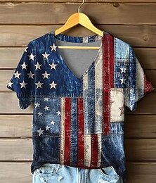 abordables -T-shirt patriotique pour femmes avec graphique drapeau américain vintage élégant classique à manches courtes col en V tops réguliers imprimé quotidien blanc rouge bleu rouge  bleu été printemps