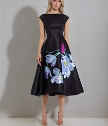 economico -Abito nero A-Line cocktail abiti abito elegante abito formale per matrimonio lunghezza tè lunghezza midi maniche a cappuccio collo barca satin con stampa floreale