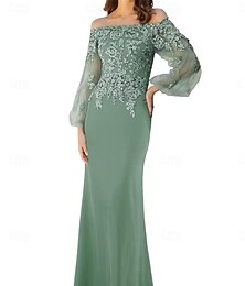 preiswerte -Meerjungfrau  Trompete Brautmutterkleid Elegantes Off-Shoulder Bodenlanges Spitzenlangarm mit einfarbig