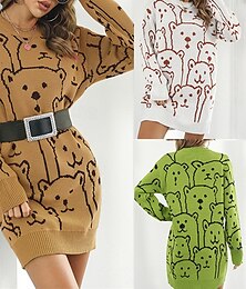 preiswerte -Damen Minikleid Pulloverkleid Strickkleid Freizeitkleid Mode Outdoor Party Ferien Normale Passform Tiermotiv Langarm Rundhalsausschnitt Weiß Grün Khaki Herbst Winter