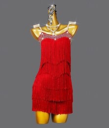 economico -Vestito da ballo latino con nappa, abiti da spettacolo da donna, senza maniche, per rumba, salsa, cha cha, costume da ballo da palcoscenico