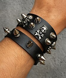 economico -Braccialetti da uomo in pelle con teschio gotico e punte – stile punk vintage, accessorio per feste di Halloween, regolabili, adatti per cosplay e uso quotidiano