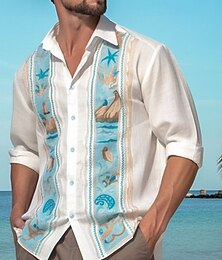 billiga -Herr Skjorta Sommarskjorta Casual skjorta Strandskjorta Knapp upp skjorta Blå Blå Himmelsblå Ljusblå Långärmad Mönster Kavajslag Semester Hawaiisk Knappar Kläder Polyester Mode Ledigt Bekväm