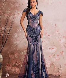 billige -Bølgepike  Trumpet Quinceanera Kjoler Elegant Kjole Formal Bryllup Gulvlengde Korte Ermer Vut Polyester med Paljetter