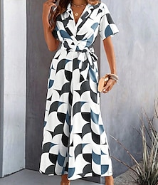 abordables -Mujer Normal Mono Activo Geométrico Manga Corta Perneras anchas Cuello Camisero Acordonado Alta cintura Vacaciones Diario Ajuste regular Negro Rojo Verde Trébol Verano