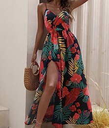 economico -Per donna Abito Midi Abito Floreale Abito Sottoveste Abito Stampato Classico Moderno All'aperto Vacanza Ferie Vestibilità regolare Fiore Senza Maniche Spalline sottili Rosso Estate