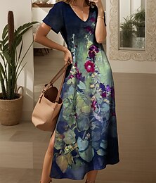 economico -Per donna Abito maxi Vestito Casual Vestito Estivo Abito a trapezio Elegante Vacanza Casual Spiaggia Vestibilità regolare Ombre Floreale Grafico Manica Corta Scollo a V Rosso Blu Viola Verde Estate