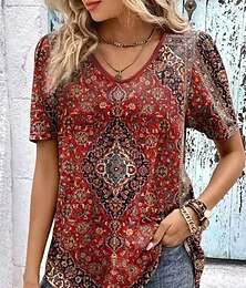 economico -Per donna Maglietta Grafico Paisley Piante Bohemien Vintage Moda Manica Corta Scollo a V Top Regolari Quotidiano Uscire Weekend Stampato Marrone rossastro Estate Primavera