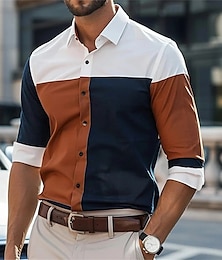 billiga -Herr Skjorta Sommarskjorta Casual skjorta Strandskjorta Knapp upp skjorta Blå Orange Grön Grå Långärmad Färgblock Kavajslag Semester Hawaiisk Lappverk Kläder Polyester Mode Ledigt Bekväm