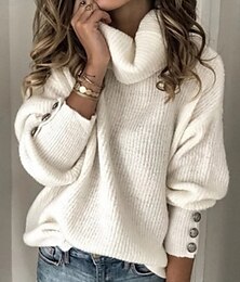 abordables -Femmes Pull Occasionnel Doux Couleur Unie Côtelé Col roulé Boutons Tricoté manche longue Hauts Réguliers Tricoter Extérieur Quotidien Week-end Blanche Rose Claire Automne Hiver