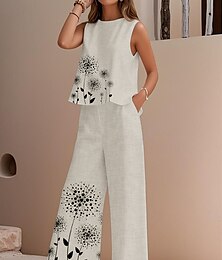 abordables -Ensemble deux pièces élégant pour femme, streetwear, chemisier, gilet, pantalon, sans manches, col ras du cou, extérieur, travail, décontracté, imprimé floral, vacances, quotidien, blanc, bleu royal, bleu, été, coupe régulière