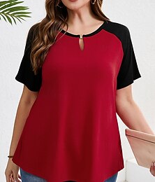 voordelige -Dames Grote maat Tops T-shirt Effen Kleur Lapwerk Korte mouw V-hals Casual Dagelijks Polyester Zomer Lente Rood blauw