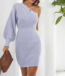 preiswerte -Damen Minikleid Pulloverkleid Freizeitkleid Mode Outdoor Party Ferien Normale Passform Einfach Langarm Kalter Schulter-Ausschnitt Weiß Purpur Sommer