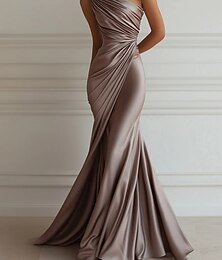 abordables -Sirène / Trompette Robe de Soirée Élégant Robe Formel Mariage Longueur au sol Sans manches Une Épaule Robe Rose Satin Extensible avec Plis 2025
