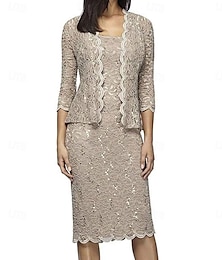 abordables -Deux Pièces Ensembles de Robes Robe de Mère de Mariée  Élégant Col carré Mi-long Dentelle Manche 3/4 avec Dentelle 2025