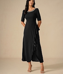 abordables -Mujer Vestido maxi Vestido de volante Elegante Ajuste regular Color sólido Manga Corta Cuello Barco Negro Verano Primavera Otoño