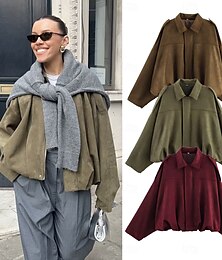 preiswerte -Damen Freizeitjacke Bequem Atmungsaktiv Tasche Knöpfe Lässig Einfach Urlaub Straße Lässig Alltagskleidung Reisverschluss Kurz Umlegekragen Normale Passform Langarm Oberbekleidung Schwarz Wein Orange