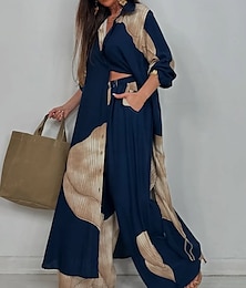 economico -Per donna Elegante Bohemien Vacanza Camicia Set di Pantaloni Manica Lunga Colletto a Camicia Grafico Patchwork All'aperto Vacanza Feste Rosso violaceo blu navy Blu Estate Vestibilità comoda