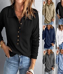 economico -Per donna Blusa Tinta unica Elegante Casual Manica Lunga Colletto a Camicia Top Regolari Quotidiano Bottoni Nero Bianco Blu marino Azzurro cielo Cachi Estate Primavera