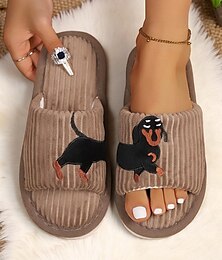 preiswerte -Plüsch-Hausschuhe für Damen mit Hundestickerei, gemütliche Cord-Slipper, perfekt zum Entspannen und Faulenzen zu Hause