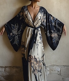 levne -Dámské dlouhé šaty maxi šaty boho šaty ležérní šaty swingové šaty prázdninové šaty módní moderní denní prázdninové plážové šaty regular střih květinový vzor s dlouhým rukávem výstřih do V vínová tmavě modrá modrá fialová léto jarní