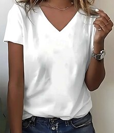 abordables -Camiseta de mujer 100% algodón, básica, informal, de manga corta, con cuello en V, para uso diario, en negro, blanco y gris, para primavera, otoño, invierno y verano.
