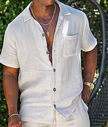 economico -Per uomo Camicia Camicia di lino Camicia Estiva Abbigliamento da spiaggia Camicia con Bottoni Camicia di Seersucker Tinta unica Vacanza Streetwear Bianco Rosa Cachi Maniche Corte Colletto a Camicia