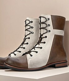 economico -Stivali da uomo in similpelle bicolore con lacci, stile vintage da combattimento a metà polpaccio, per abbigliamento casual, lavoro e outfit autunnali