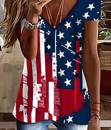 abordables -T-Shirt Patriotique pour Femmes à Motif Drapeau Américain Vintage Chic Classique Manches Courtes Col en V Tops Quotidiens Imprimé Rouge  Bleu Été Printemps