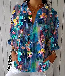 abordables -Mujer Camisa Ombre Floral Graphic Vintage Tropical Diario Manga Larga Escote en Pico Cuello Camisero Tops regulares Trabajo Diario Festivos Botones Estampado Blanco Azul Piscina Verde Trébol Verano