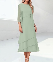 voordelige -Strand Bruiloft Salie Sheath Moeder van de Bruid Jurk Elegante Sieraad Hals Thee Lengte Chiffon 3/4 Lengte Mouw Wrap Inbegrepen met Rimpel 2025 gratis maat op maat