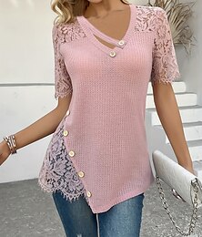 economico -Per donna Blusa Tinta unica Elegante Essenziale Casual Manica Corta Scollo a V Top Regolari Quotidiano Ferie Pizzo Bottoni Giallo Rosa Viola Estate