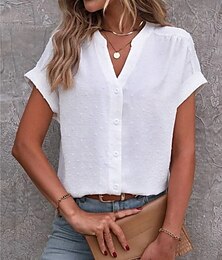 economico -Per donna Camicia Tinta unica Elegante Casual Manica Corta Scollo a V Top Regolari Quotidiano Bottoni Nero Bianco Estate Primavera