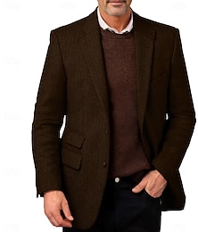 economico -Blazer in tweed da uomo, giacca in lana a spina di pesce, stile retrò vintage, blazer classico da ufficio, blu navy, marrone, vestibilità standard, monopetto, due bottoni